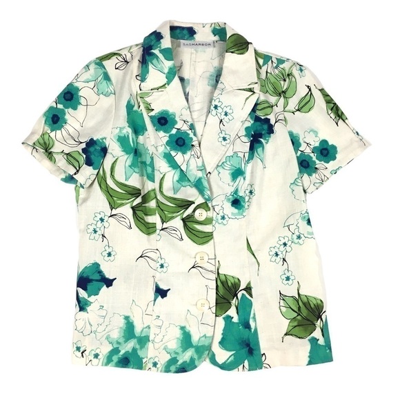 SAG HARBOR Linen Jacket Blazer Short Sleeve Shacket Lightweight Floral Size 10 - Picture 1 of 8